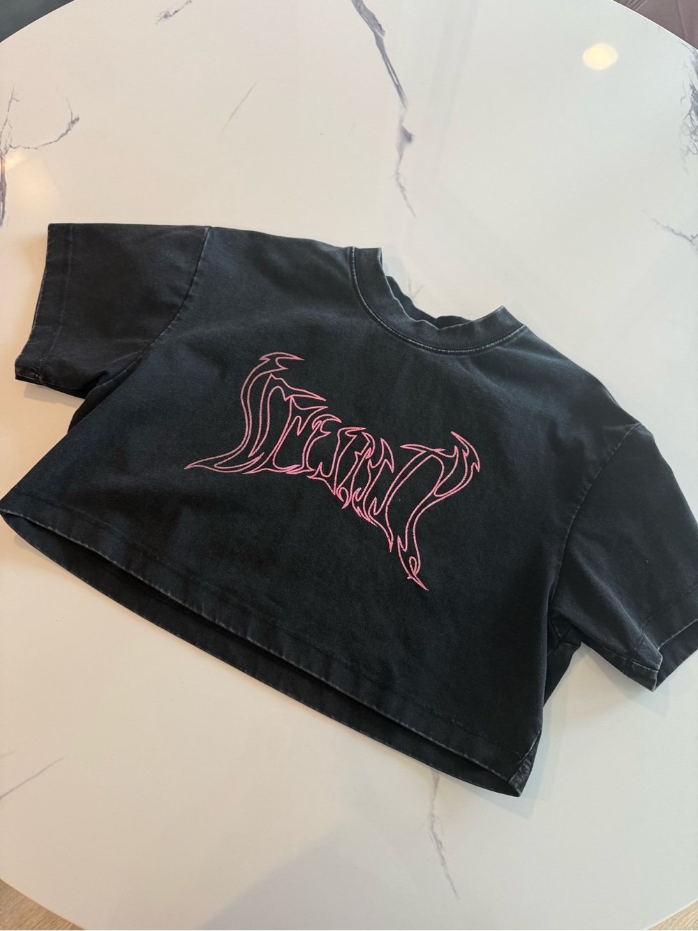 Black Crop Graphic Tee with Pink Logo